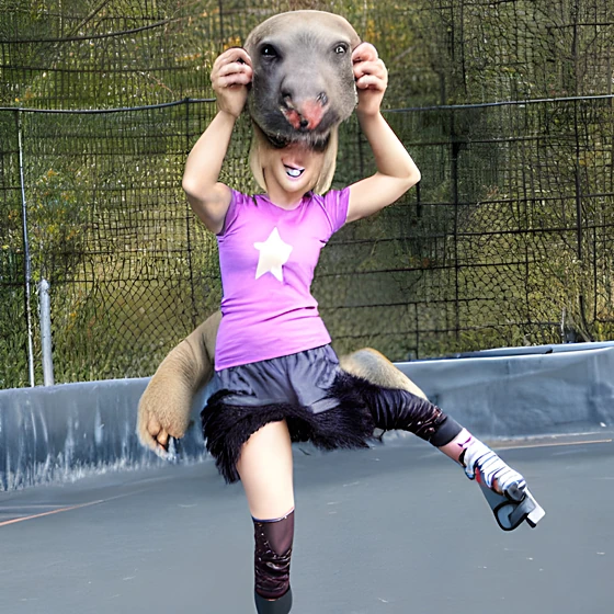 AI-generated image of a rollerskater putting on a wombat head